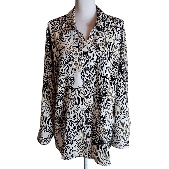 Notations Woman Floral Animal Print Button Down Shirt Size 3X Roll Tab Sleeves - Picture 2 of 14